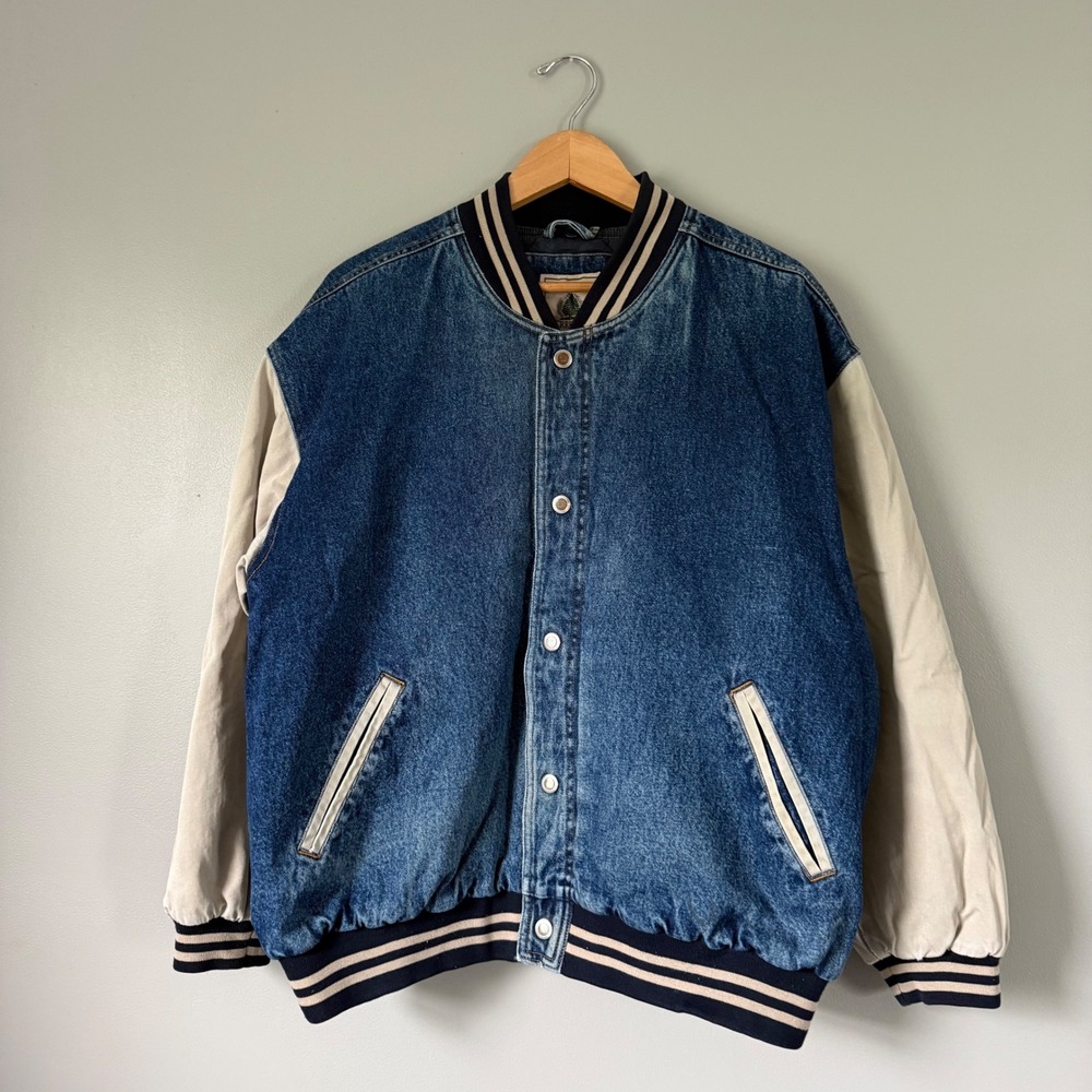 Vintage Blue Denim  Two Tone Varsity Bomber Jacket Large